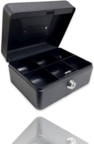 Bargain Factory Metal Money Box Tin 6 Steel Cash Safe Box Petty Cash Deposit Tin with Lock 2 Keys for Security - Black