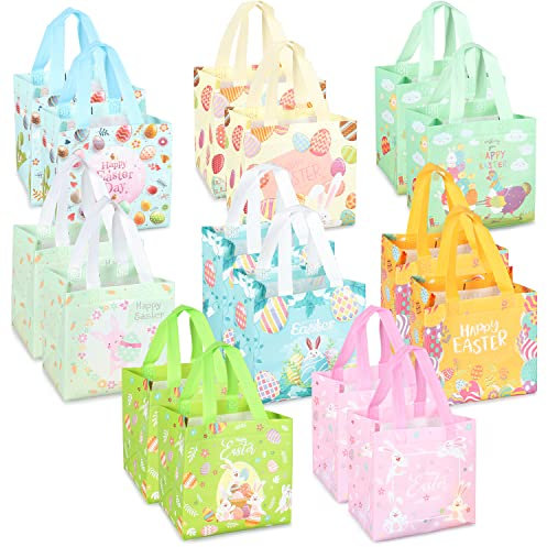 16 x Ostereiersuche-Taschen mit Griffen, Häschen Karotten Küken Ei Taschen, Oster Leckerei Taschen, multifunktionale Non-Woven Ostertaschen zum Verpacken von Geschenken, Eiersuche, Partyzubehör