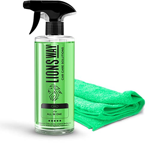 LIONSWAY: Limpieza Coche Todo en Uno Multiusos Profesional. Limpiador Interior, Exterior, Salpicadero, Plásticos, Gomas, Llantas. Nueva Formula Foam. El APC más Efectivo. Perfumado. (500ml + Bayeta)