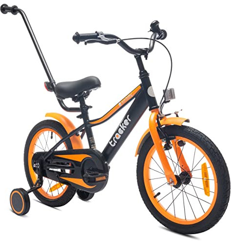 sun baby Jungenfahrrad 16 Zoll Jungen Kinderfahrrad Tracker Bike Leicht Stützräder mit Schubstange ab 2-6 Jahre BMX Fahrrad Kinder (Neon Orange, 16 Zoll)