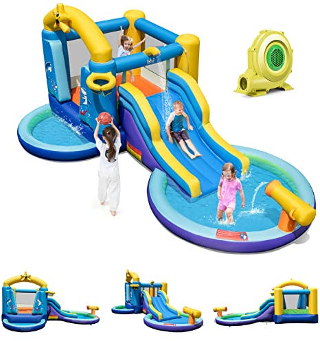 GOPLUS Château Gonflable avec Souffleur 680W, Parc Aquatique Océan avec Toboggan, Panier de Basket et Trampoline, Aire de Jeux Piscine à Balles pour 2 Enfants 3-10 Ans Jusqu’à 90KG
