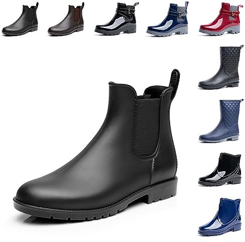 Hitmars Botas de Agua Mujer Lluvia Botines Jardín Trabajo Antideslizante Tobillo Boots Chelsea Negro Número 42 EU