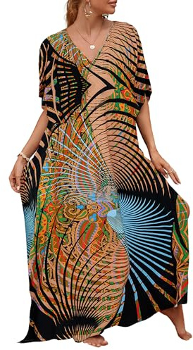 Bsubseach Colorful Beach Cover Up Loose Kaftan Dress Short Sleeve Swimsuit Beachwear for Women Khaki Line