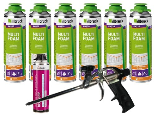 FM220 Lot de 6 mousses de construction, de montage, pour fenêtre, haute isolation phonique, isolation thermique, 500 ml, kit combinés (avec nettoyant AA290 + pistolet à mousse professionnel en téflon