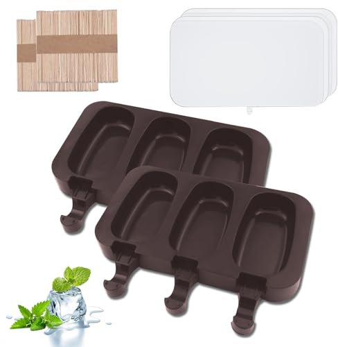 2PCS Stampi Ghiaccioli, Stampi per Gelato in Silicone, Ice Cream Mould, Cavità Ovali Classiche 3, per Popsicle, DIY Homemade, con 100 Bastoncini di Legno (marrone)