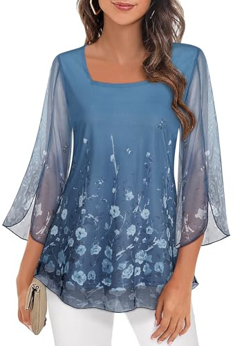 Syphiby Blouses for Women UK, Square Neck 3/4 Flared Sleeve Double Layers Elastic Mesh Chiffon Blouses Ladies Wedding Guest Tops Plus Size Evening Shirts