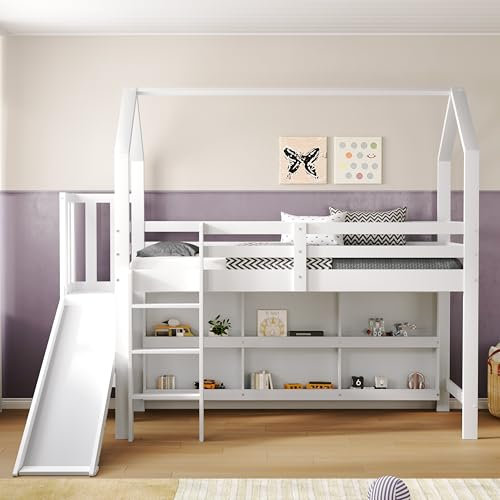 Zravenna Kinderbett Hochbett 90 * 200 cm mit Rutsche, Multifunktionales Kinder Bett mit Treppen und Schließfach Regal, Baumhaus Einzelbett mit Stauraum, Massivholz+MDF, Weiß