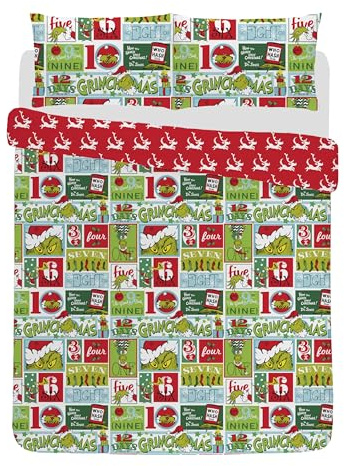 The Grinch Christmas Duvet Quilt Cover - Dr. Seus Quilt Cover Single Or Double Bed Set Bedding with Pillowcases - Microfibre Soft Easy Care Bed Linen - Xmas Gift (Double (200 x 200cm))