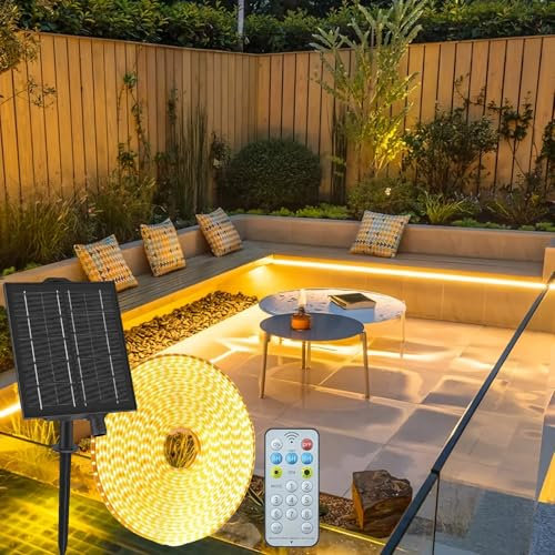 Gaoxun Solar LED Strip Lights Outdoor, 10m Solar Powered Flexible Rope Lights with Remote Control, Dimmable, 8 Modes 640 LED, IP68 Waterproof for Garden Porch Gazebo Pathway Patio Decor, Warm White