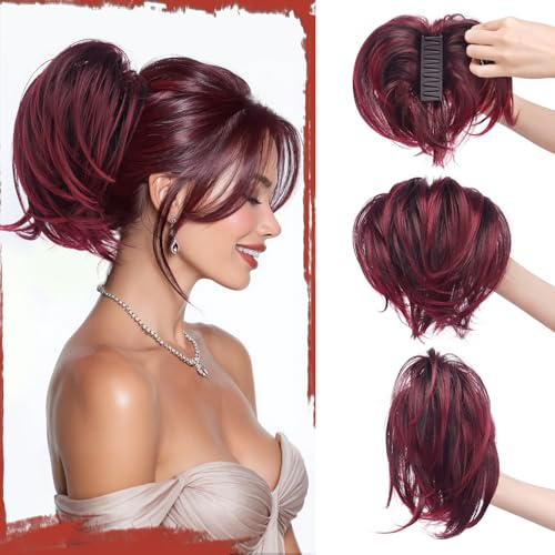 Sofeiyan Queue de Cheval Extension Naturel, Clip Ponytail Cheveux avec Fil Métallique Flexible Intégré, Perruque Postiche Synthétique Courte Droite pour Femmes,Rouge Bordeaux avec Mèches