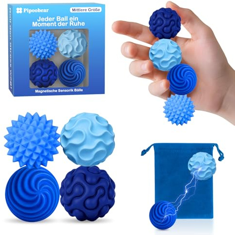 Pipoobear Magnetische Fidget Toys, 4 Stück Magnetische Fidget Bälle Mittelgroß Silikon Magnetkugeln Anti-Stress Bälle, Magnetkugeln Stressball Silikon Sensorik Spielzeug für Erwachsene & Kinder(Blau)