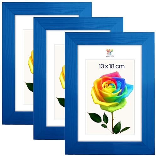 MG Design Set de 3 marcos para fotos 13 x 18 cm: marcos para fotos con marco de madera auténtica en color Azul y cristal acrílico irrompible, verticales y horizontales