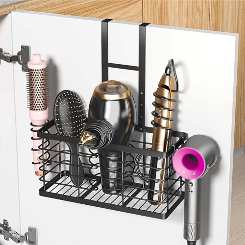 Sevenblue Hair Tool Organizer, 3-in-1 Universal Hair Dryer Holder, Adjustable Height Metal Blow Dryer Holder Wall Mounted/Over Cabinet Door/Free-Standing, 12.2 * 5 * 6.1 (XL Black)