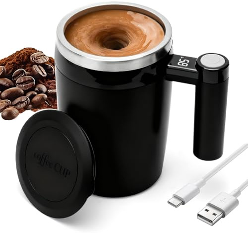 Wapasezyar Tazza Auto-Mescolante, Bicchiere Auto-Mescolante con Indicatore di Temperatura, 304 Acciaio Inox Magnetico Elettrico Shaker con Manico per Cioccolata Calda, Caffè, Latte (Nero, 400 ml)