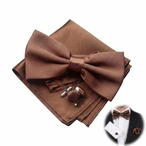 BLPRKOT Ensemble Noeud Papillon Homme Marron Café - Set 3 Pièces avec Mouchoir de Poche et Boutons de Manchette pour Mariage et Cérémonie - Accessoire Costume Élégant pour Homme