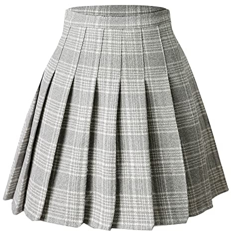 Hoerev Women Girls Versatile Plaid Pleated Skirt with Shorts for Cold Weather, Grey, 16(Waist 31.5 inch)