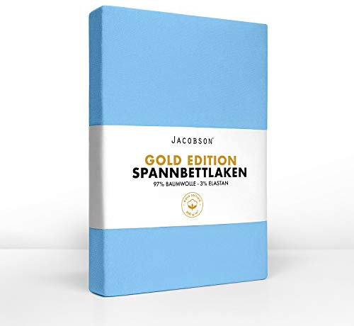 Jacobson Gold Edition Jersey Spannbettlaken Spannbetttuch Baumwolle mit ELASTAN ca. 200 g/m² (60x120 cm - 70x140 cm, Hellblau)