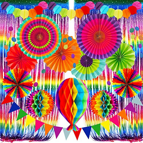 Recosis Partydekorationen, Mehrfarbig Fringe Vorhang Fiesta Hängende Papierfächer Pompoms Wabenpapier Heißluftballon Girlanden für mexikanische Cinco De Mayo Taco Geburtstagsfeierzubehör Supplies