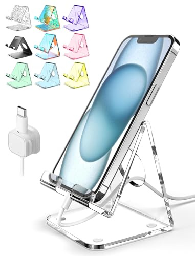 TOPGO Acrylic Cell Phone Stand, Clear Phone Holder for Office Desk, Vanity, Kitchen, Bedside Table, Compatible with iPhone 17/Smartphones/iPad/Switch/Kindle, Office Desk Accessories