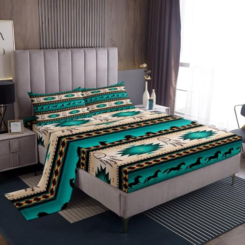 Erosebridal Horse Bed Sheets Dream Catchers Sheet Set for Cowboy Cowgirl,Southwestern Native Aztec Horses Fitted Sheet Bohemian Tribe Flat Sheet King Size Farmhouse Wildlife Bedroom Decor,Green