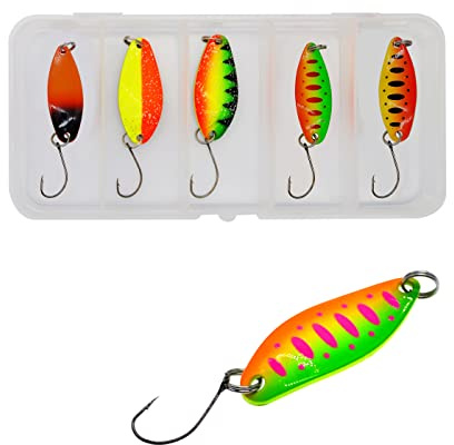 LICHUANUK Fishing Kit Leurres à Truites de Pêche - 5 Pièces Leurres Appâts de Pêche Truite Et Basse - Différentes Multicolore avec Un Seul Crochet Et Boîte de Leurre - pour Truite de Mer Et Perche