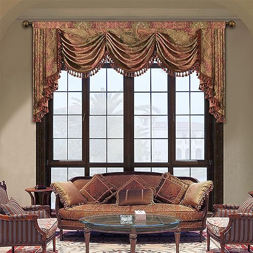 TOPLUXE Swag Valance for Windows, Damask Waterfall Valance with Tassels, Short Curtain for Bedroom Living Room Kitchen, Rod Pocket (Width 200cm, Red & Green)