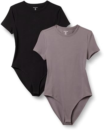 Amazon Essentials Women's Stretch Cotton Jersey Slim-fit T-Shirt Bodysuit, Pack of 2, Black/Grey, XXL