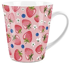 Purely Home Pink Strawberries Design Small Latte Mug - Ceramic White Tea/Coffee Present Gift
