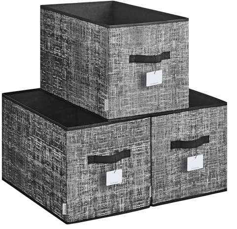 SONGMICS ROB450B01 - Set di 3 scatole pieghevoli in tessuto, 50 x 30 cm, per armadio, 2 manici, etichetta, per camera da letto, soggiorno, colore nero