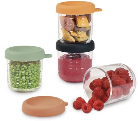 BÉABA - Set di 4 Contenitori Pappa, Vasetti in Vetro per la Conservazione, Porzioni Freezer Svezzamento, Neonati e Bambini, Scala Graduata Misurazione, Termoresistente, 250 ml, Sunrise