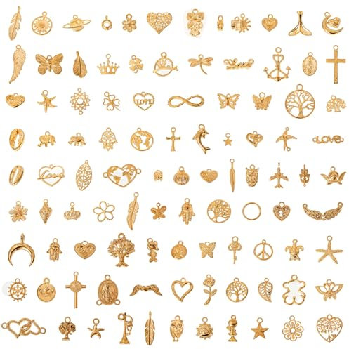 JIEYAO 100 Stück Anhänger Set, Schmuck Zubehör Zum Basteln, Mini Metall Vintage Aesthetic Charms für Halskette, Armband, Ohrring, DIY Handwerk - Gold