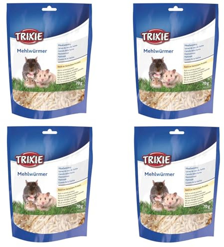 Trixie Gusanos de la harina | Paquete de 4 | 4 x 70 g | Alimento complementario para pequeños roedores | También Adecuado para pájaros y Reptiles insectívoros | Secados Suavemente