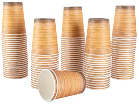 CEILIWEN 100 vasos de papel marrón de 250 ml, vasos de papel marrón con efecto de madera para bebidas frías y calientes, tazas de fiesta temática del bosque, tazas de fiesta de vaquero para