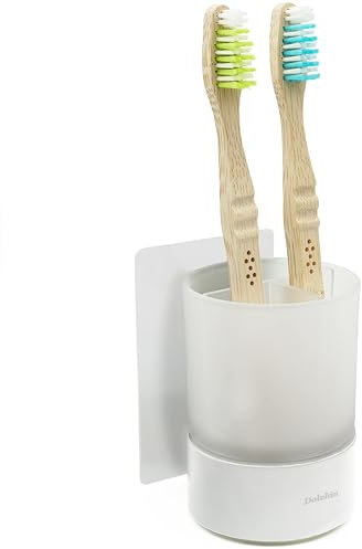 Dolvhin® Portacepillos de Dientes Sin Taladro | Vidrio Esmerilado Autoadhesivo | Organizador de Cepillos de Dientes | Vaso Portacepillos Baño para Pared | Portavasos Acero Inoxidable | Blanco Mate