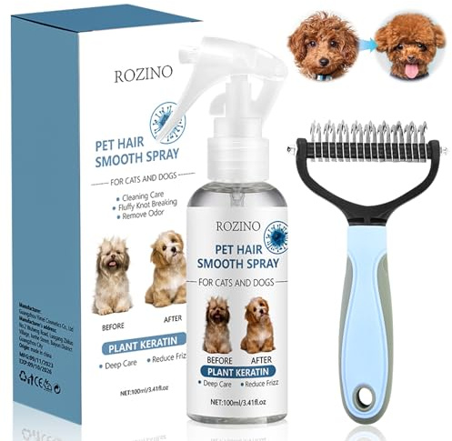 Sciogli Nodi Pelo Cane e Gatti Spray + Spazzola per Cani e Gatti,Kit Districante per Animali Domestici,Contiene Olio di Cocco, Profumo Fruttato, Districa e Rimuove Gli Odori