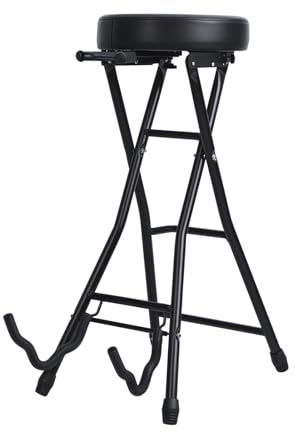 tinysiry Guitar Stool, Collapsible Chair with Guitar Stand & Padded Seat & Retractable Hook, Foldable Guitars Stool Portable Folding Stools Musician Chair for Adults Kids Drummer Guitarist Black