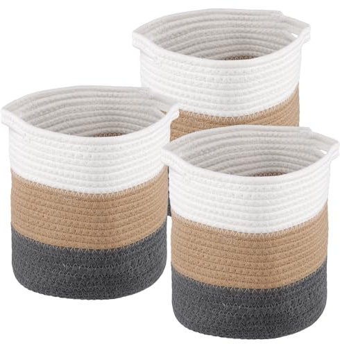 SINJEUN Lot de 3 cache-pots en corde de coton faits à la main - Diamètre : 20 cm - Blanc, beige, noir - Pot de fleurs pour plantes d'intérieur