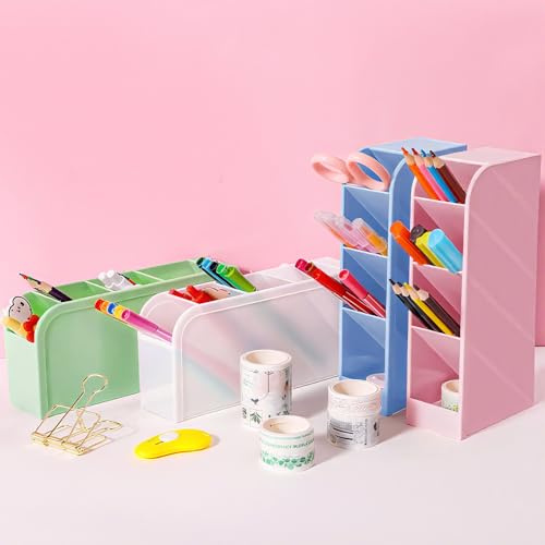 VGECEE 4 Pezzi Porta Penne per Scrivania, Organizer da Scrivania con 4 Scomparti per Penne Portapenne da Scrivania in Plastica con Design Inclinato Multifunzionale per Ufficio Scuola Casa