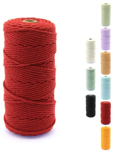 Filato macramè da 3 mm, 100 m, corda di cotone naturale, corda di cotone, 4 pezzi, filo decorativo, perfetto per fai da te, artigianato, giardinaggio (rosso)