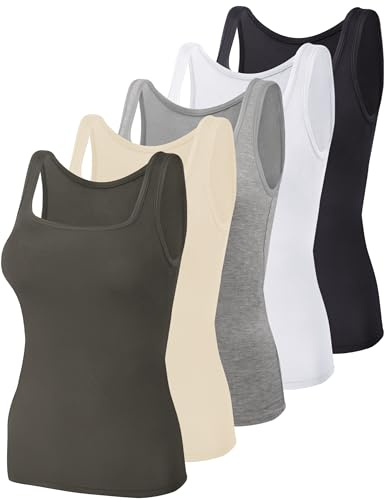 BQTQ 5 Pcs Women's Square Neck Tank Tops Sleeveless Undershirts, M(TeaLeaf)
