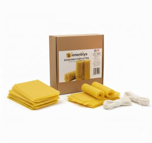 Placas de cera de abeja natural para velas, 12 unidades, 20 x 20 cm, placas de cera amarilla con mecha de algodón, juego de manualidades de cera de abejas para familia, niños y amigos