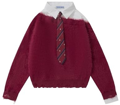 Aelfric Eden Y2K Pull en tricot pour femme - Pull en mohair - Décontracté - Col rond - Pull d'hiver à manches longues - Vintage - Pull à manches longues - Pull vintage, rouge, S
