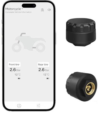 OBEST Sistema di Controllo della Pressione degli Pneumatici TPMS con App, Moto Bluetooth Intelligente Sistema con 2 Sensori Esterni, Wireless e Rilevatore di Temperatura Moto, Supporta iOS e Android