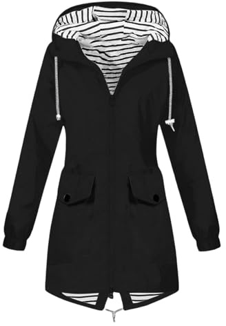 Veste Imperméable Femme Coupe-Vent à Capuche Rayée, Manteau Pluie Long Léger Multicolore pour Randonnée Ville Printemps Automne, Confortable et Pratique