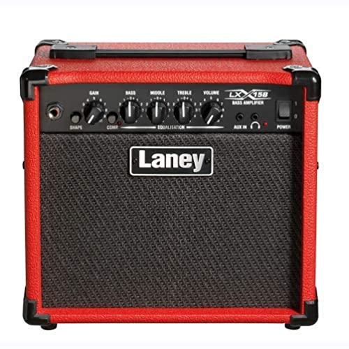 LANEY LX15B Amp de bajo - Amplificador de guitarra portátil de 3 EQ Combo Perfecto para principiantes. Auriculares para la práctica silenciosa y aux para atascarse. - 15 vatios - rojo