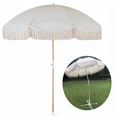 YXW 200cm Sonnenschirm Sonnenschutz UV50+ Holz Gartenschirm Neigbar Strandschirm mit Fransen, Terrassenschirm, Beige, Ohne Ständer