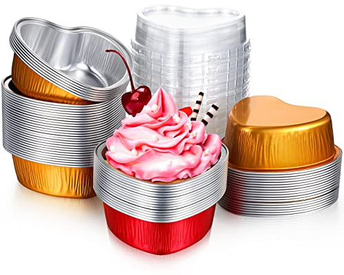 Honeydak 100 Sets Heart Baking Pan Heart Shaped Cake Pan Mini Aluminum Foil 3.4oz Disposable Cupcake Tin with Lids for Wedding Mother's Day Party(Simple Style,Red, Gold)