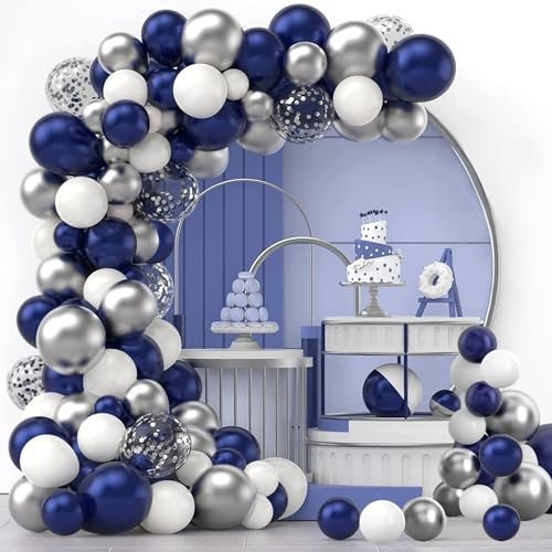 Palloncini Compleanno, 120 Pz Blu Navy Argento Bianco Palloncino Arco Ghirlanda Kit Con Argento Confetti Palloncini Colorati, Arco Palloncini Struttura Bambina Laurea Festa Decorazioni