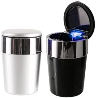 2 Stück Auto Aschenbecher Schwarz/Silbern mit blauem LED Licht im Deckel Ascher für Getränkehalter im Kfz