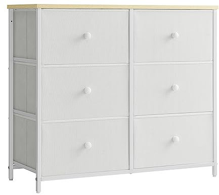 SONGMICS Kommode, Schrank, 6 Stoffschubladen, Metallgestell, Aufbewahrungsschrank, für Kinderzimmer, Schlafzimmer, Flur, cremeweiß-eichenfarben LTS323W57